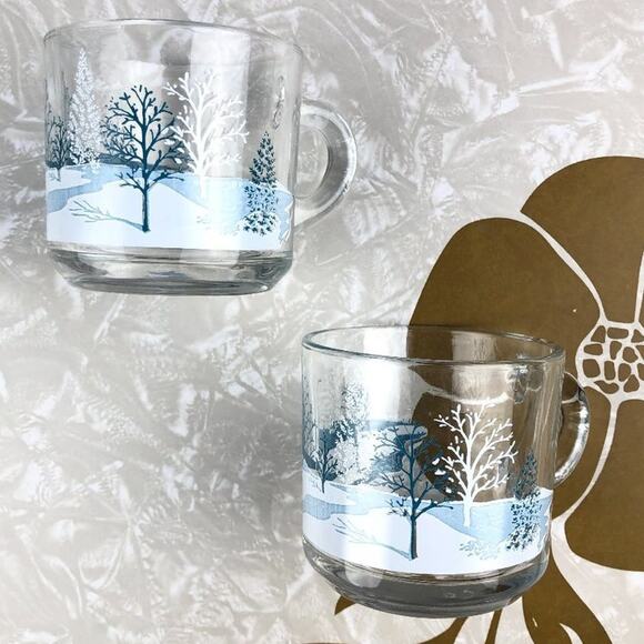 Vintage 1970's Anchor Hocking Blue White Winter Tree Glass Coffee Tea Mugs Cups - Picture 10 of 10